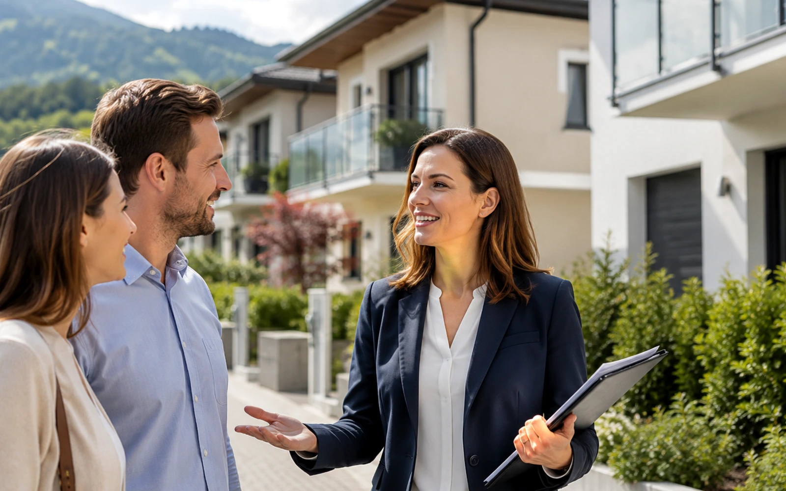 Symbolisches Kennenlerngespräch über eine Mitarbeit im Immobilienverkauf.